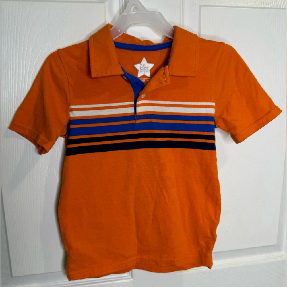 365 Kids by Garanimals Orange Short Sleeve Polo w/Blue & White Stripes. Size 6.